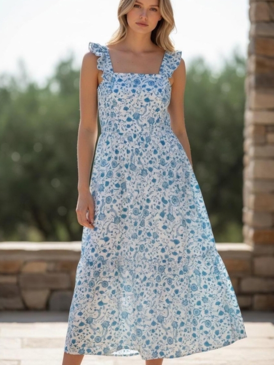 Draper James Dresses & Skirts - Draper James Blue White Floral Smocked Ruffle Strap Tiered Midi Dress Size M